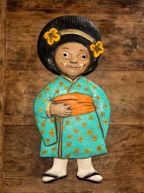 Vintage Ceramic Geisha Wall Plaque - Turquoise & Orange 1970 Chalkware